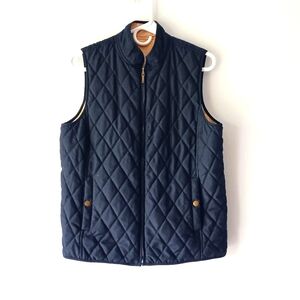 Chaps Quilted Reversible Vest Full Zip Collar Pockets Navy Blue Beige Medium